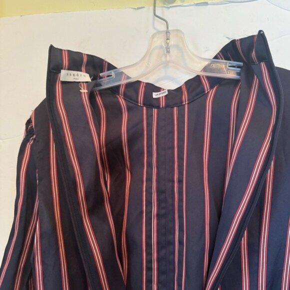 SANDRO Respect Striped Long Sleeve Preppy Satin Twill Belted Dress Lightweight - Picture 10 of 16